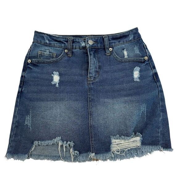 Wild Fable Denim Blue Jean Mini Skirt Distressed Size 00 Medium Wash Pockets - Picture 1 of 6